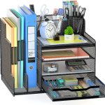 VIVSOL Desk Organizer with Mesh File Holder， 4-Tier Office Supplies Desk Organizers and Accessories with Sliding Drawers， 3 Trays & Pen Holder， Desk File Organizer and Storage for Office， School， Home